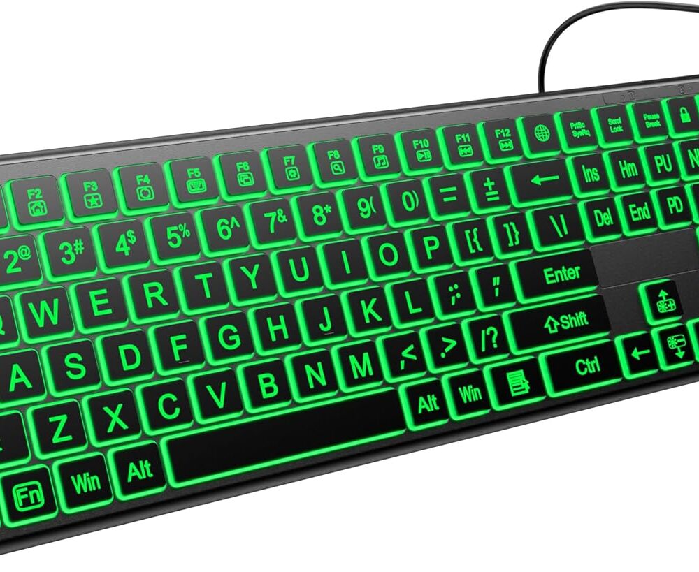 Hamile Large Print Light Up Keyboard, USB Silent Wired Keyboard | 7-Color Backlit, Foldable Stands, Quiet Corded Full Size for Computer PC, Laptop, Desktop, Windows