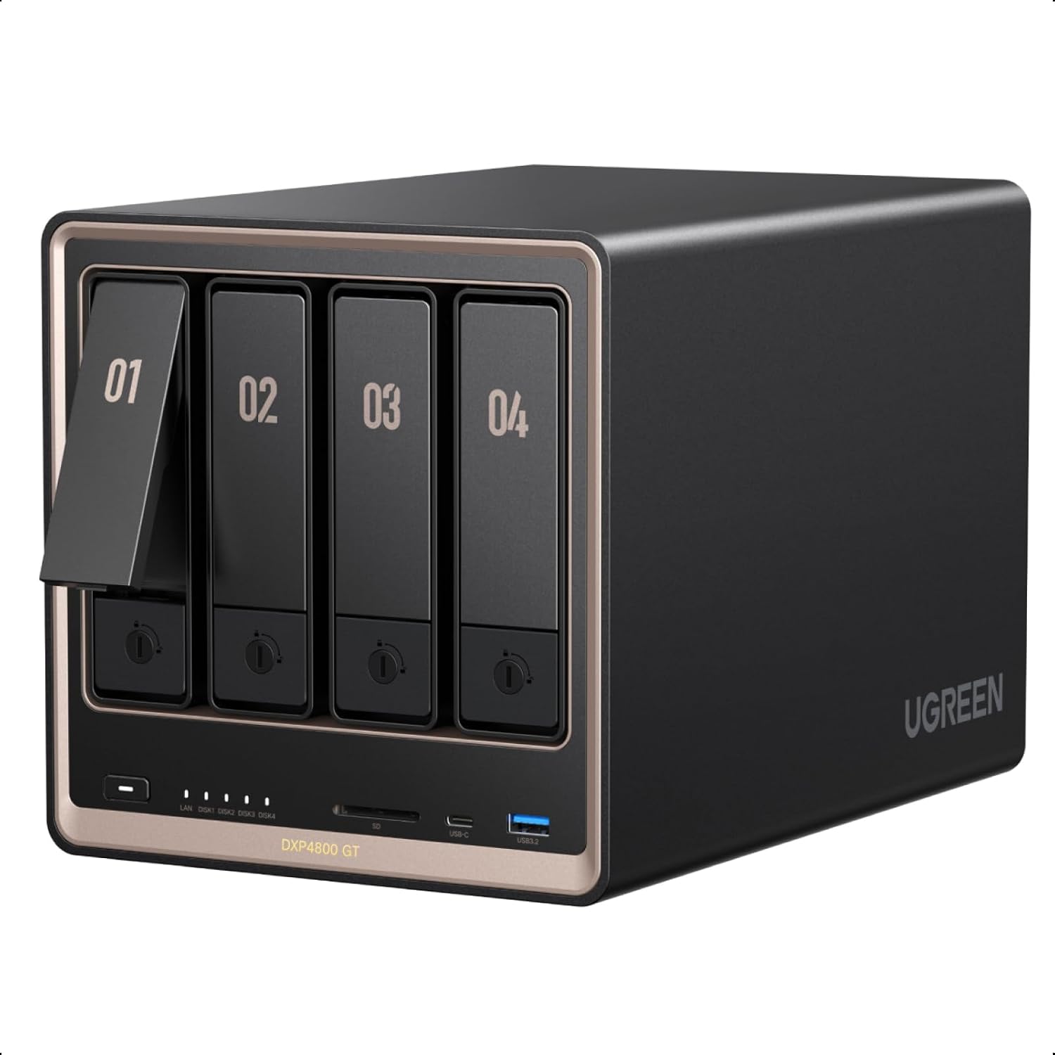 UGREEN NAS DXP4800 GT 4-Bay for Creators, Tech Enthusiasts and Office Teams | Smart Home Data Hub, Direct NAS Editing & Dual 10GbE Transfers, Ryzen R2514, 8GB DDR4, 2x 10GbE, 2x M.2 NVMe Slots, Diskless
