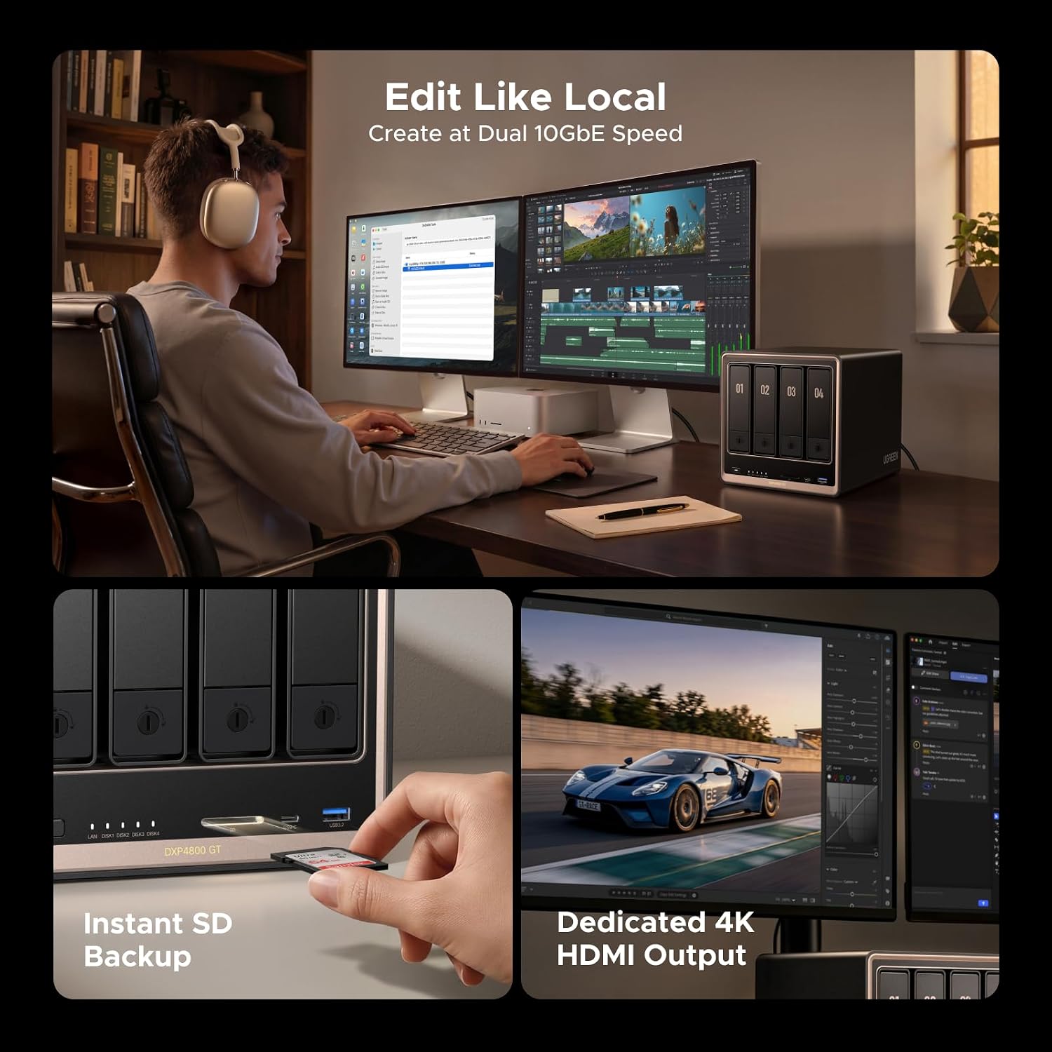UGREEN NAS DXP4800 GT 4-Bay for Creators, Tech Enthusiasts and Office Teams | Smart Home Data Hub, Direct NAS Editing & Dual 10GbE Transfers, Ryzen R2514, 8GB DDR4, 2x 10GbE, 2x M.2 NVMe Slots, Diskless - Image 6